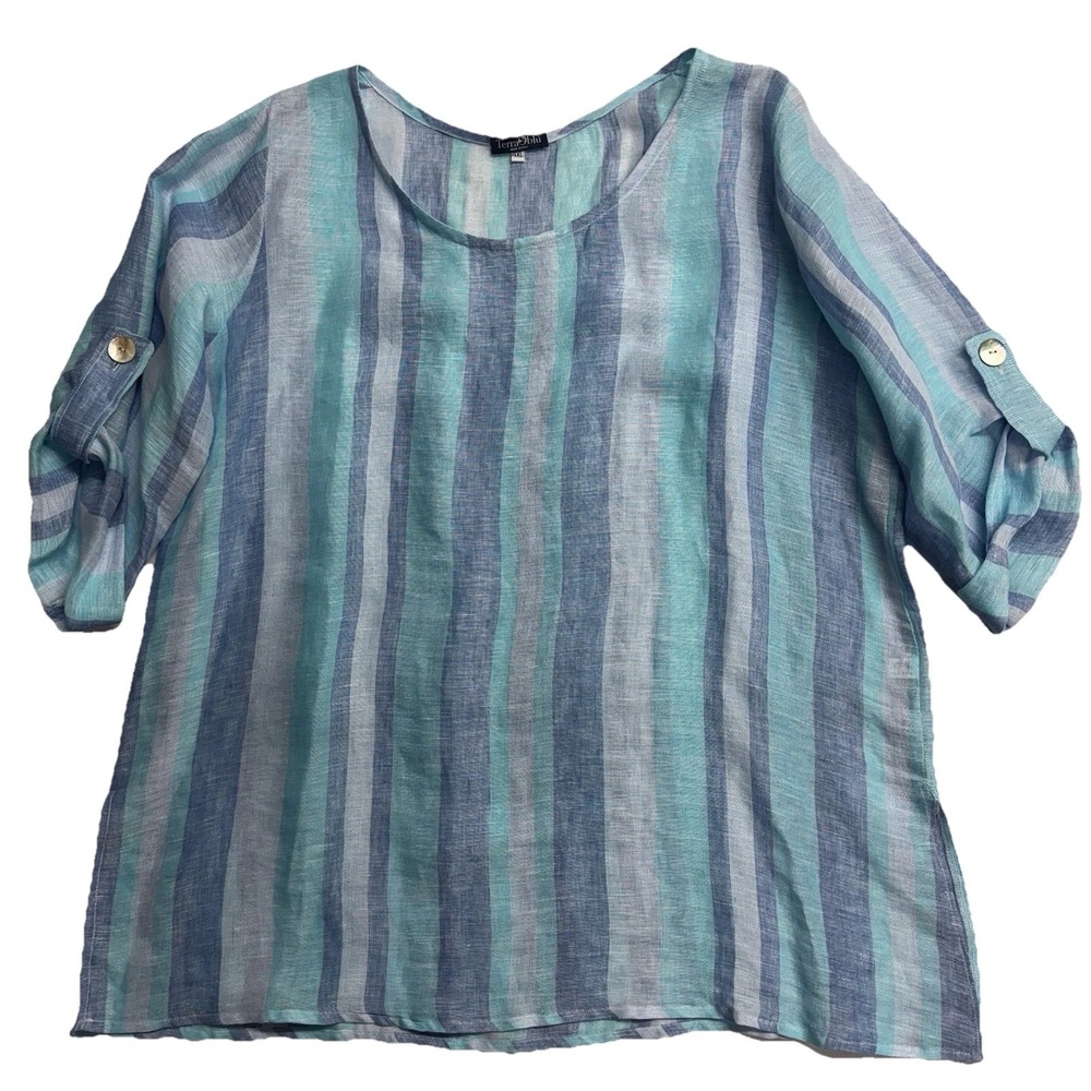 Terra Blu 4XL 100% Linen Tunic Top Made In Italy Blue Aqua Stripe Roll Tab Sleev